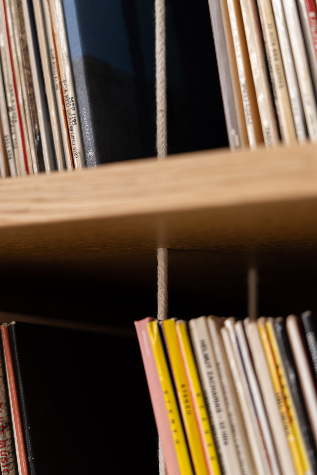 A shelf with vinyl records arranged vertically.