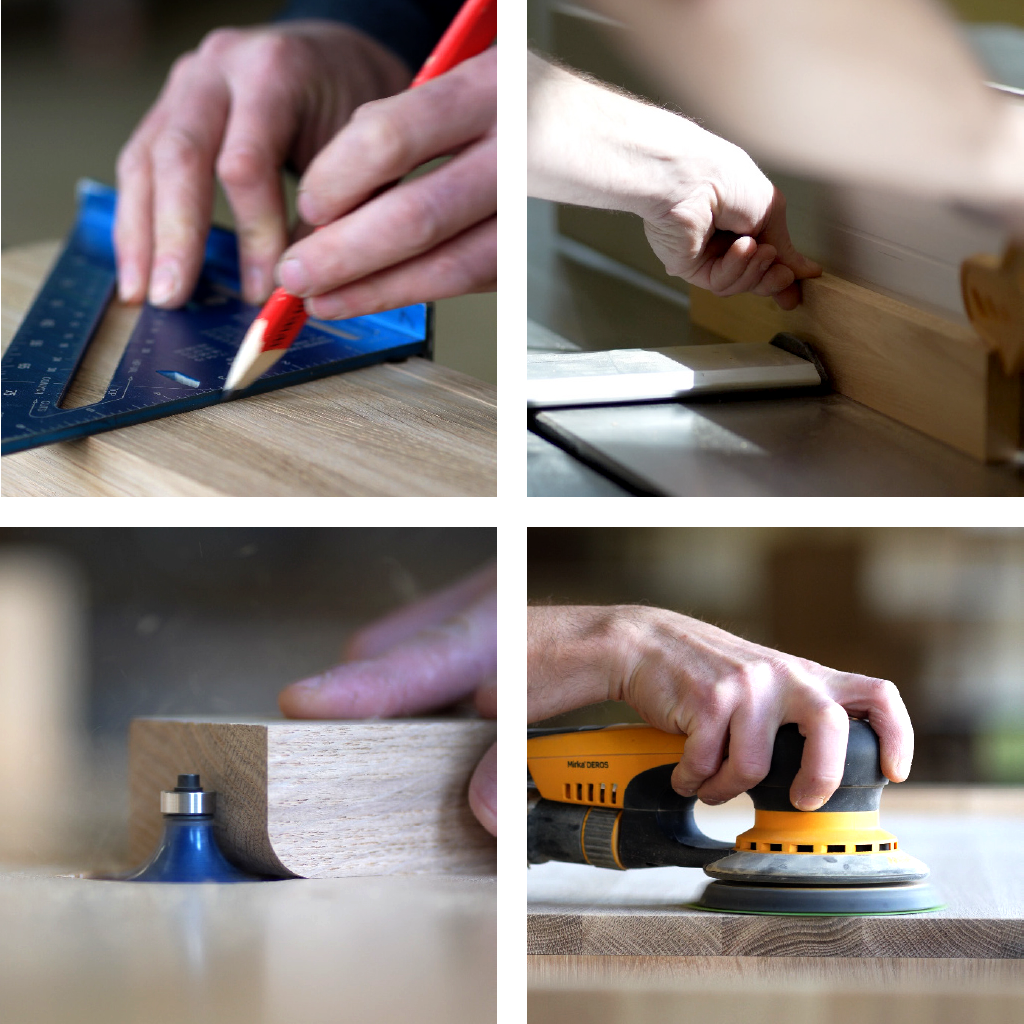 A man working with wood, checking a plan on paper.