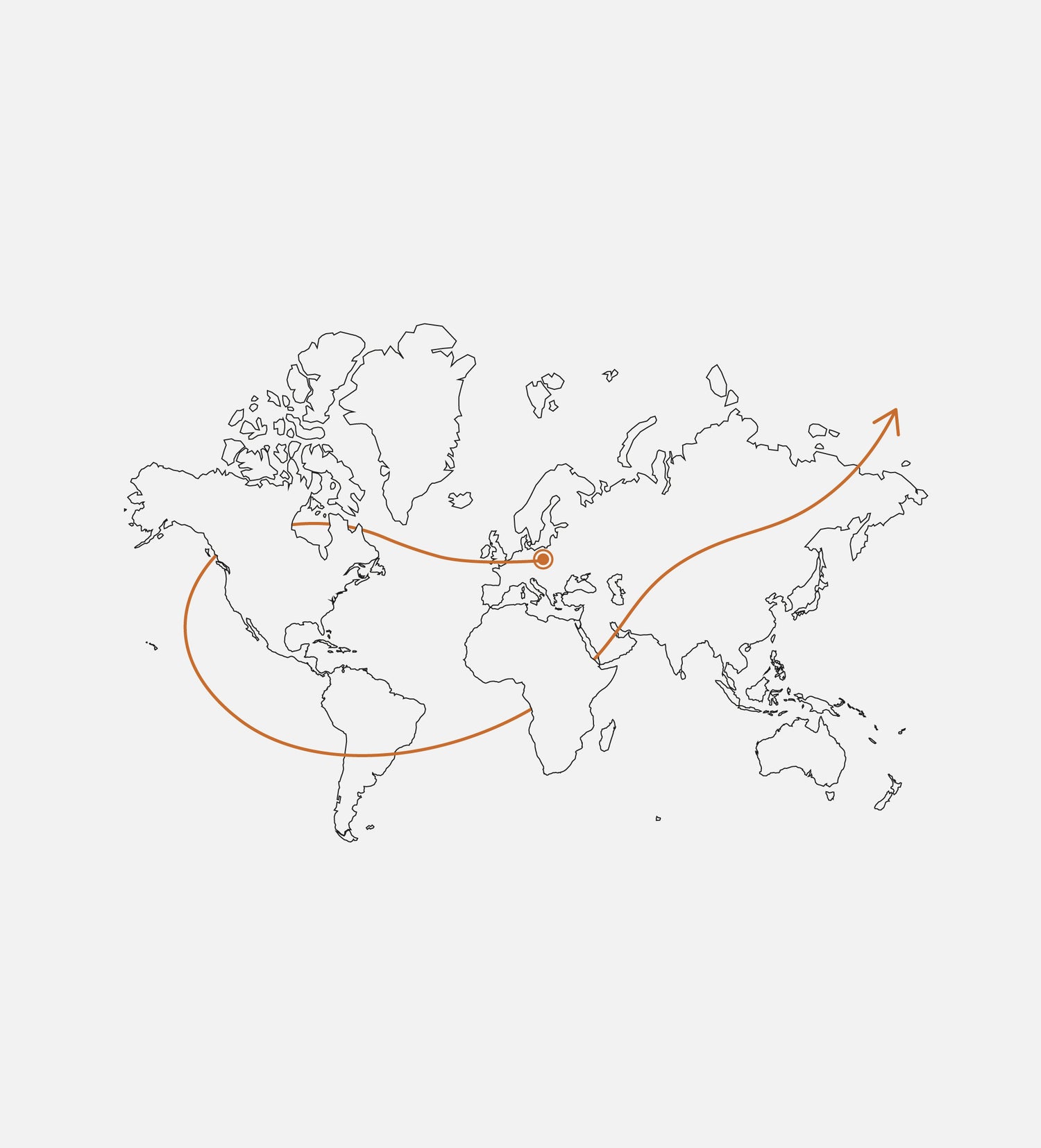 A world map with orange lines connecting different continents.