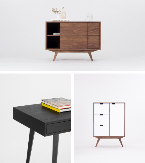 Three modern pieces of furniture: a wooden sideboard, a table with books, and a cabinet with white fronts.