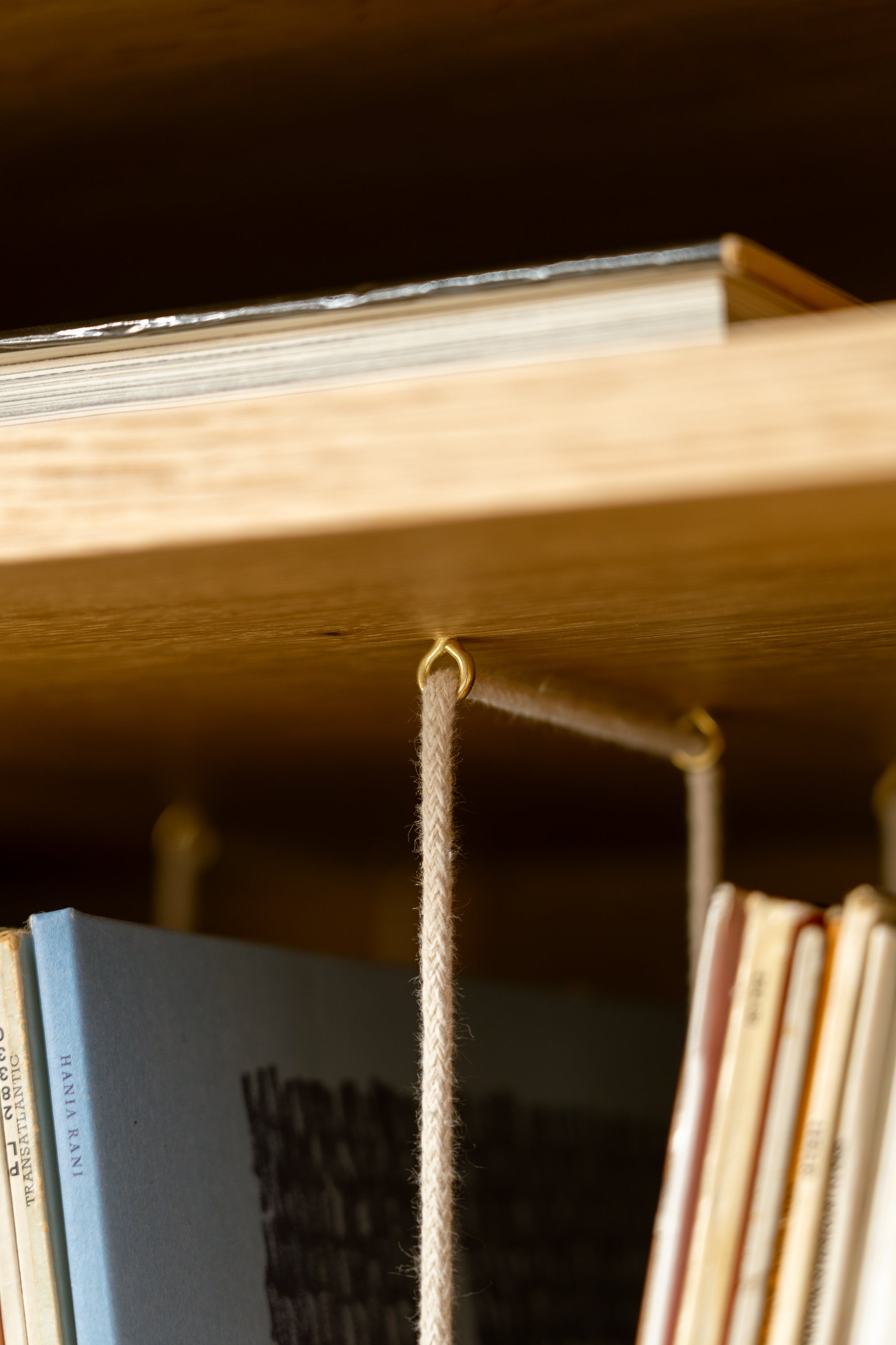 Books arranged on a wooden shelf with strings hanging from hooks, holding them in place.