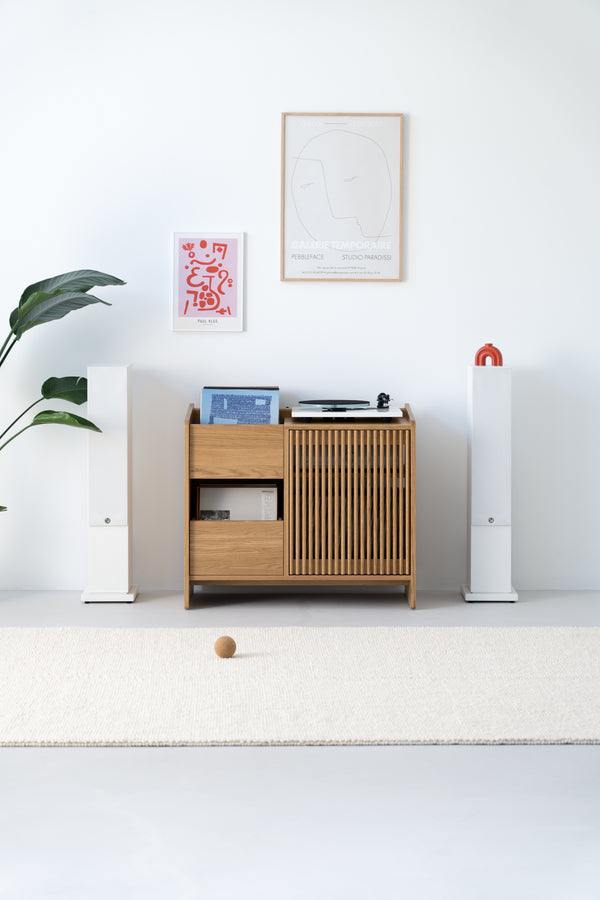 Minimalist living room with wooden cabinet, wall art, white speakers, and plant. Beige rug with a ball on the floor.