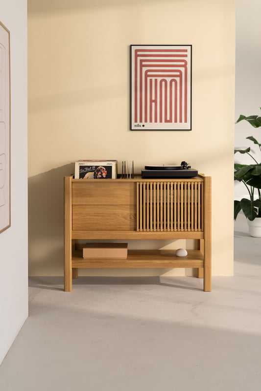 Wooden console with records and a turntable, a framed poster above, and a plant nearby.