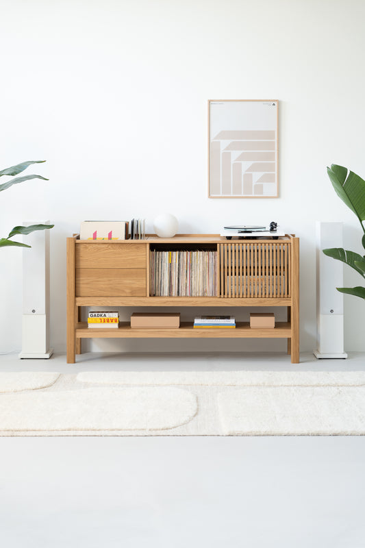 Minimalist wooden sideboard with books and vinyl records, flanked by houseplants and white speakers in a bright room.