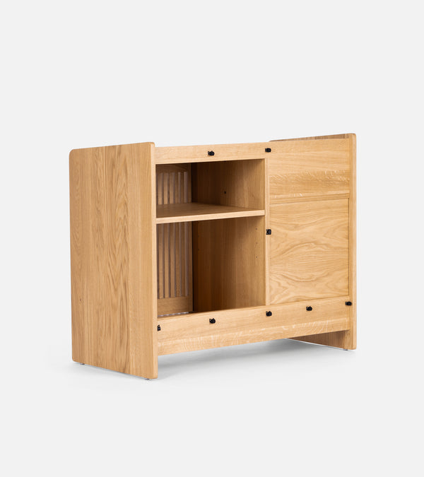Wooden cabinet for vinyl records, rear view. Visible Velcro for organizing cables.
