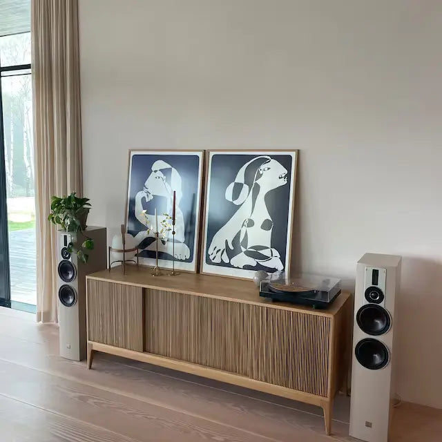 A modern interior with a wooden cabinet, two paintings, a plant, speakers, and a turntable.