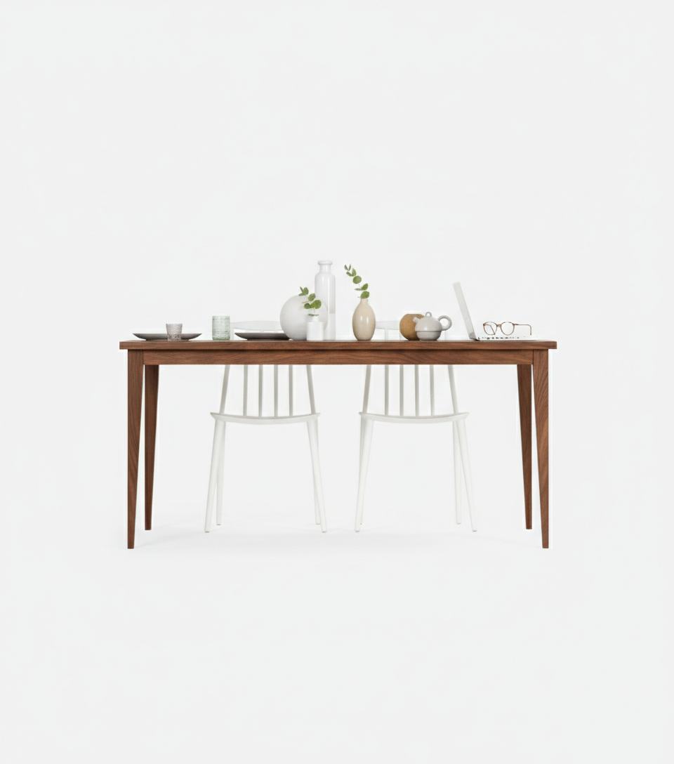 Wooden table with two white chairs, plates, vases, and a laptop on top. Minimalist decor.