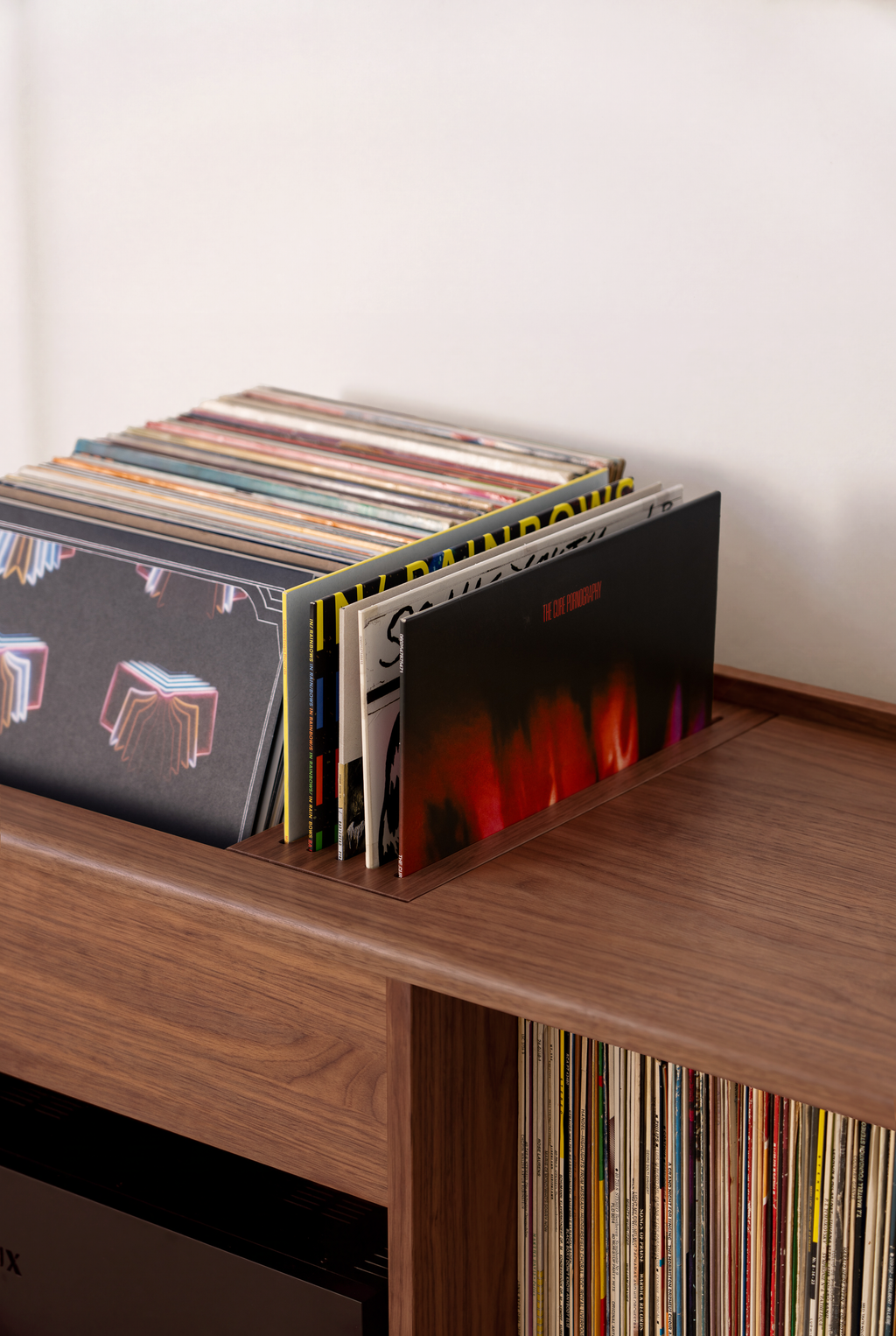 VIBE in solid walnut, record-filled browsing box with five records upright in the slotted stand at the front