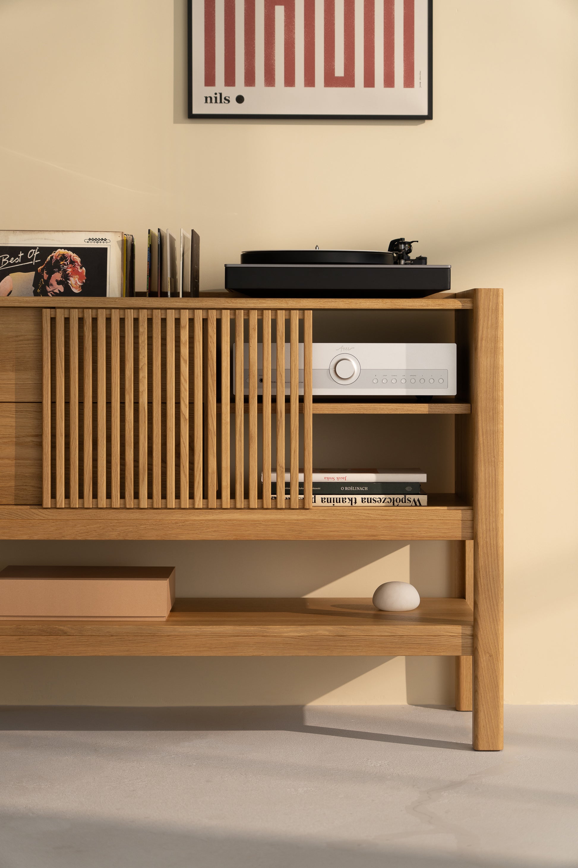 Wooden shelf with a turntable, vinyl records, books, and decorative objects beneath a framed poster.