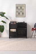 Front view of the FUSE black solid oak vinyl storage cabinet with turntable, records in the niche, slatted door and a plant