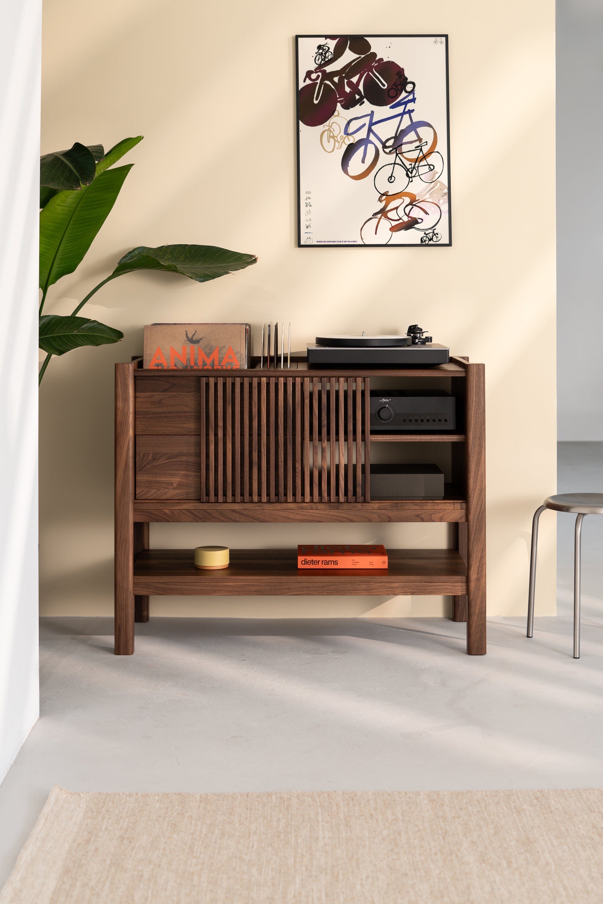 Wooden console with a record player, plant, and artwork above.