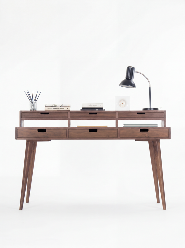 Wooden desk with five drawers, books, a table lamp, and a reed diffuser on top.