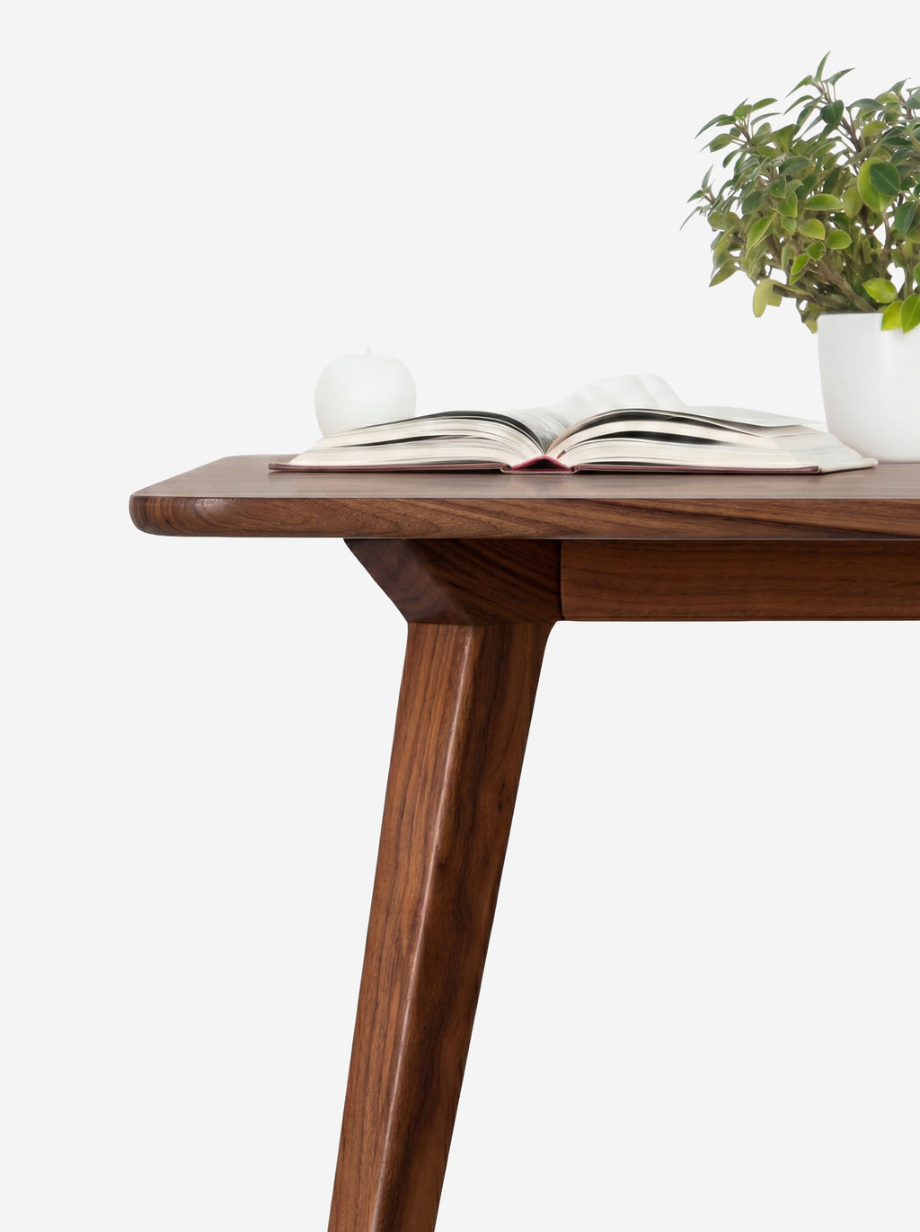 Wooden table with an open book, a potted plant, and a round white candle on top.
