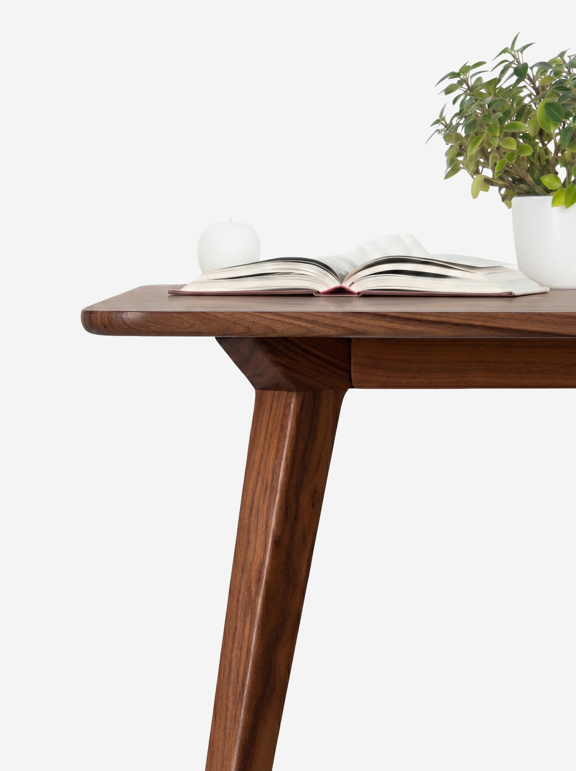 Wooden table with an open book, a potted plant, and a round white candle on top.
