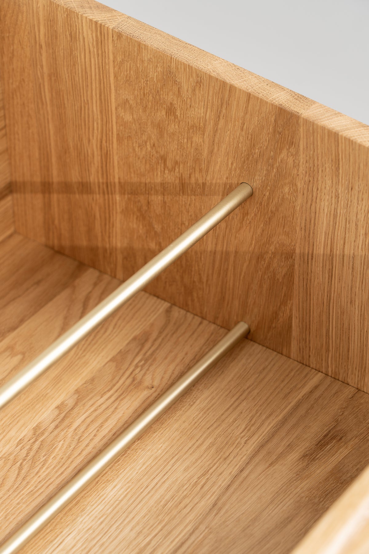 FUSE XX in solid oak, close-up of an empty record niche with two thin brass divider rods and visible grain