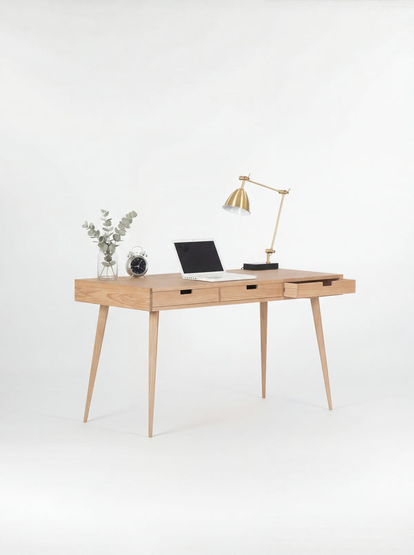 HEIM 140 home office desk with drawers in oak wood, angled view with the right drawer open and a laptop on top