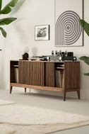 TONN 150 in American walnut, angled view with sliding fronts pushed to the center and vinyl records in both end compartments