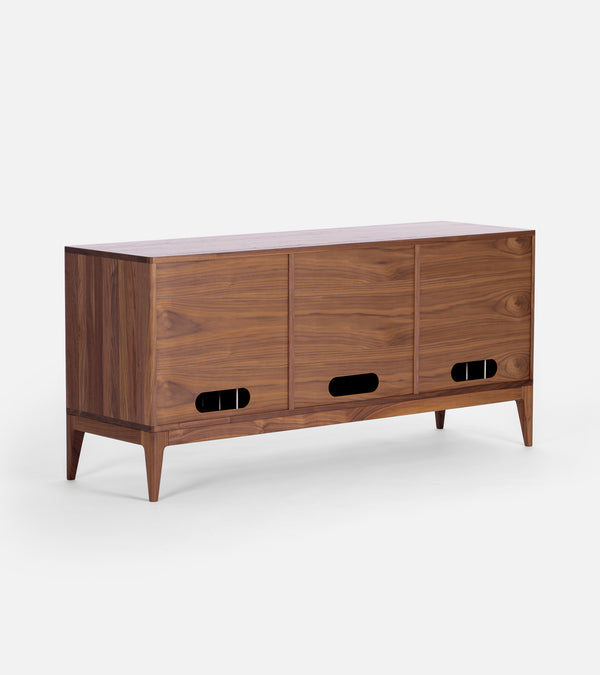 Rear view of TONN 150 in American walnut showing three back panels with oval cable cutouts and tapered legs