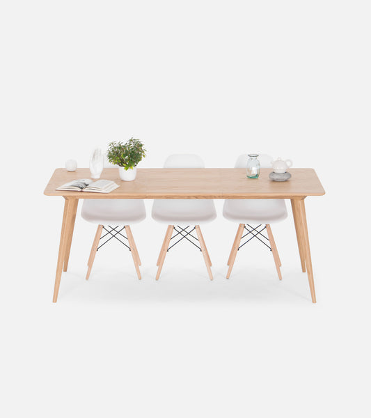 Minimalist wooden dining table with three white chairs, a plant, and decorative items.