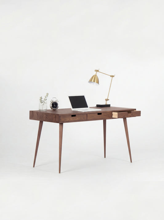 HEIM 140 office desk with drawers in solid walnut, angled view with the right drawer open to show its light plywood side