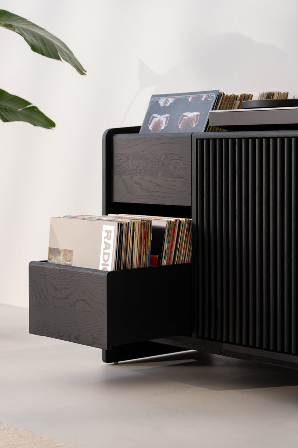 Black wood record storage cabinet with vinyl records partially visible, next to a plant.