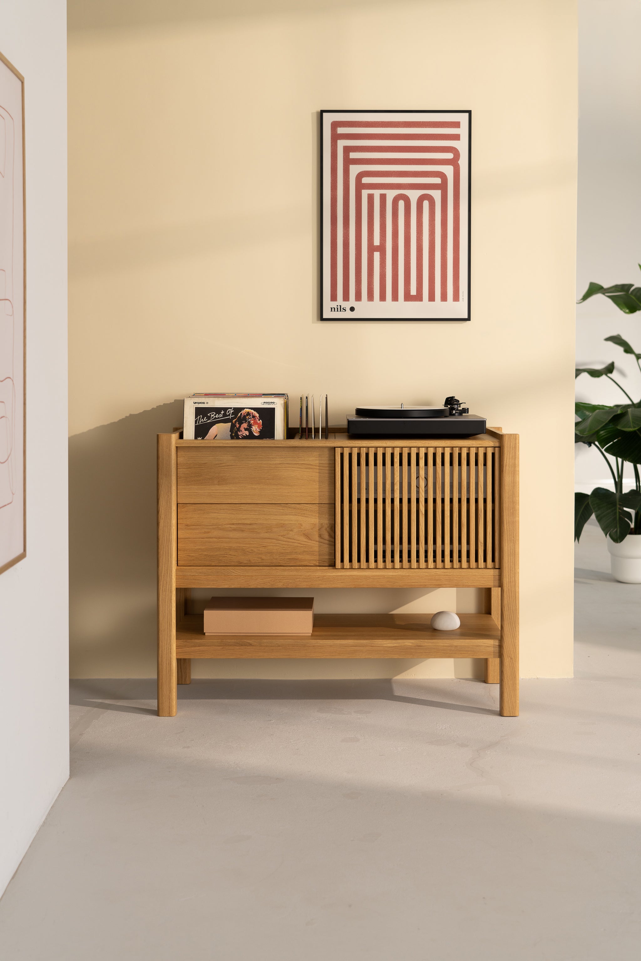 Wooden console with records and a turntable, a framed poster above, and a plant nearby.