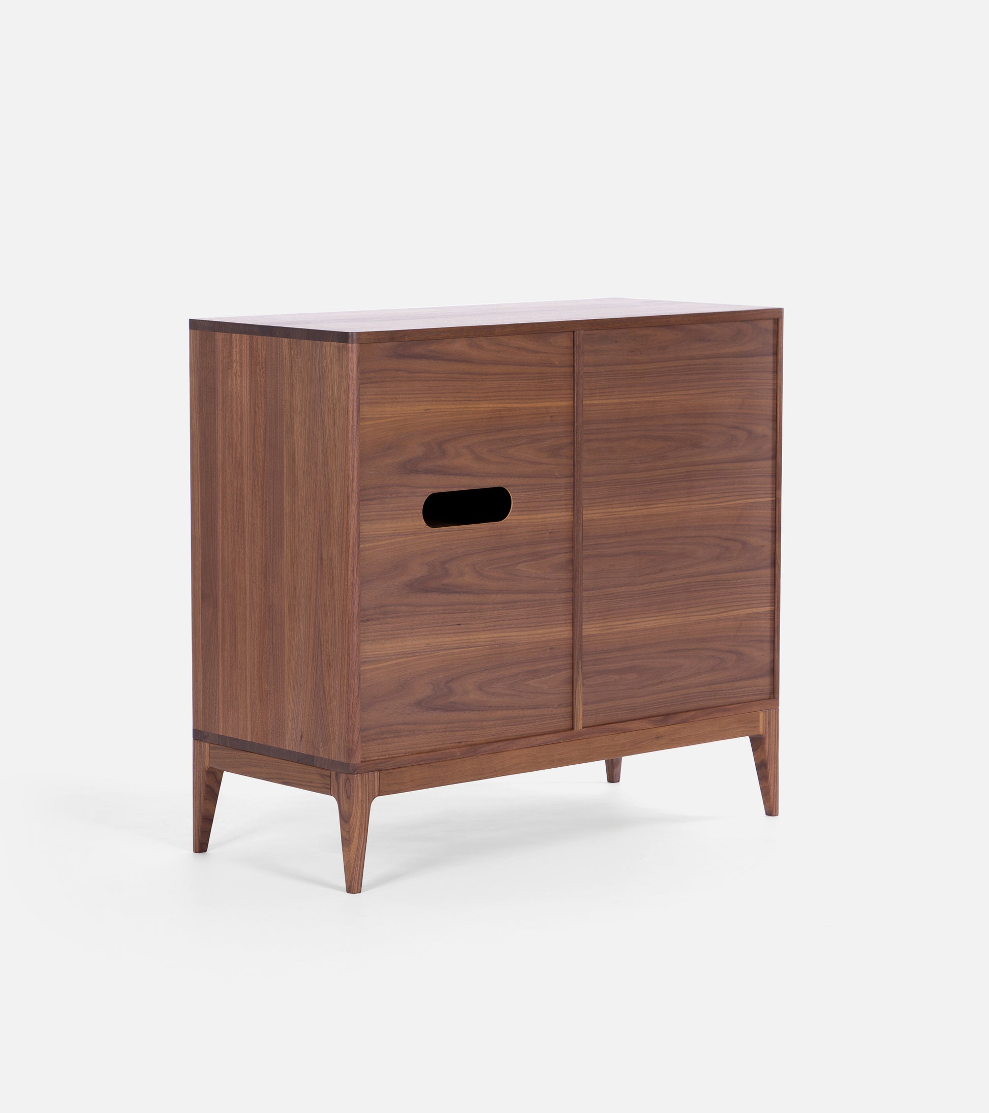 Wooden record player stand seen from the back, a hole cut out in the back, cable entry.