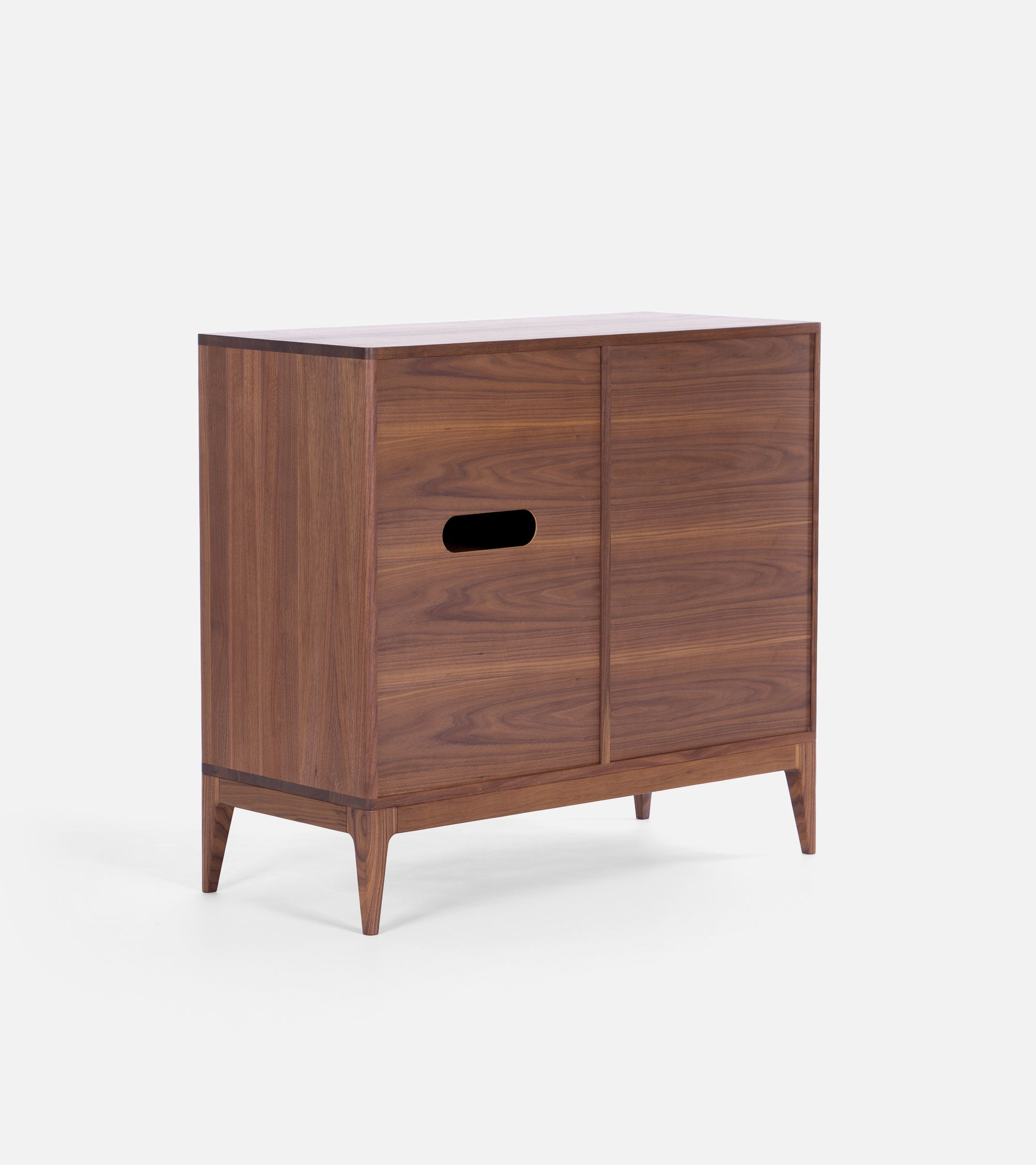 Wooden record player stand seen from the back, a hole cut out in the back, cable entry.