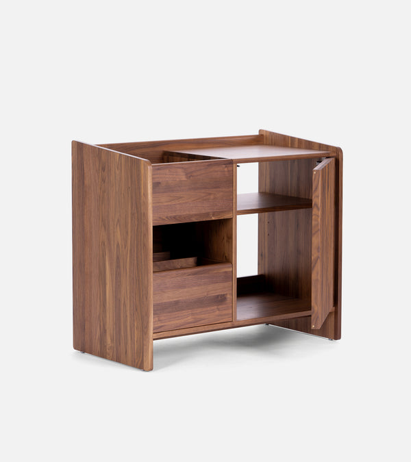 Modern wooden sideboard with open shelves and closed compartments on a white background.