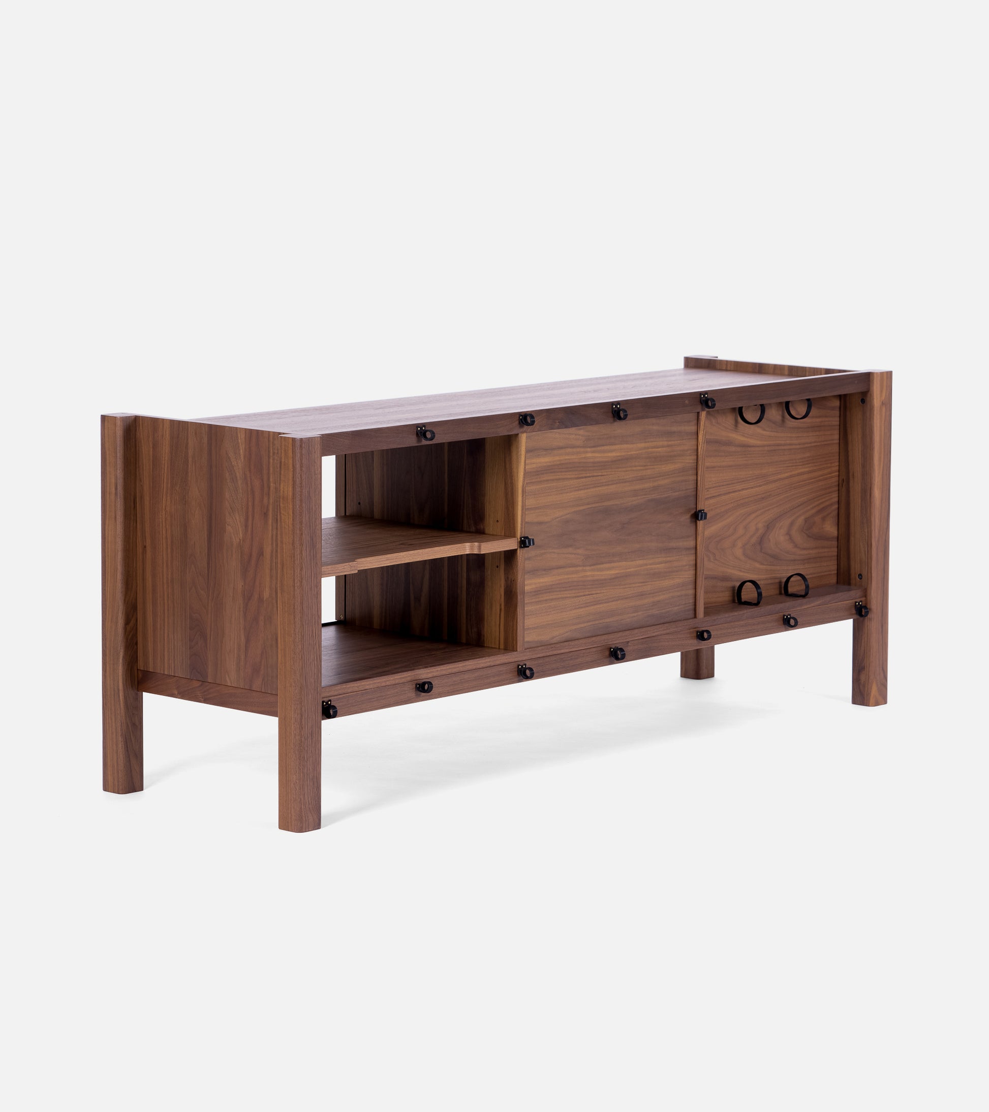 Wooden sideboard with open shelves and closed cabinet sections, featuring a minimalist design and metal accents.