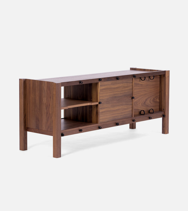 Wooden sideboard with open shelves and closed cabinet sections, featuring a minimalist design and metal accents.