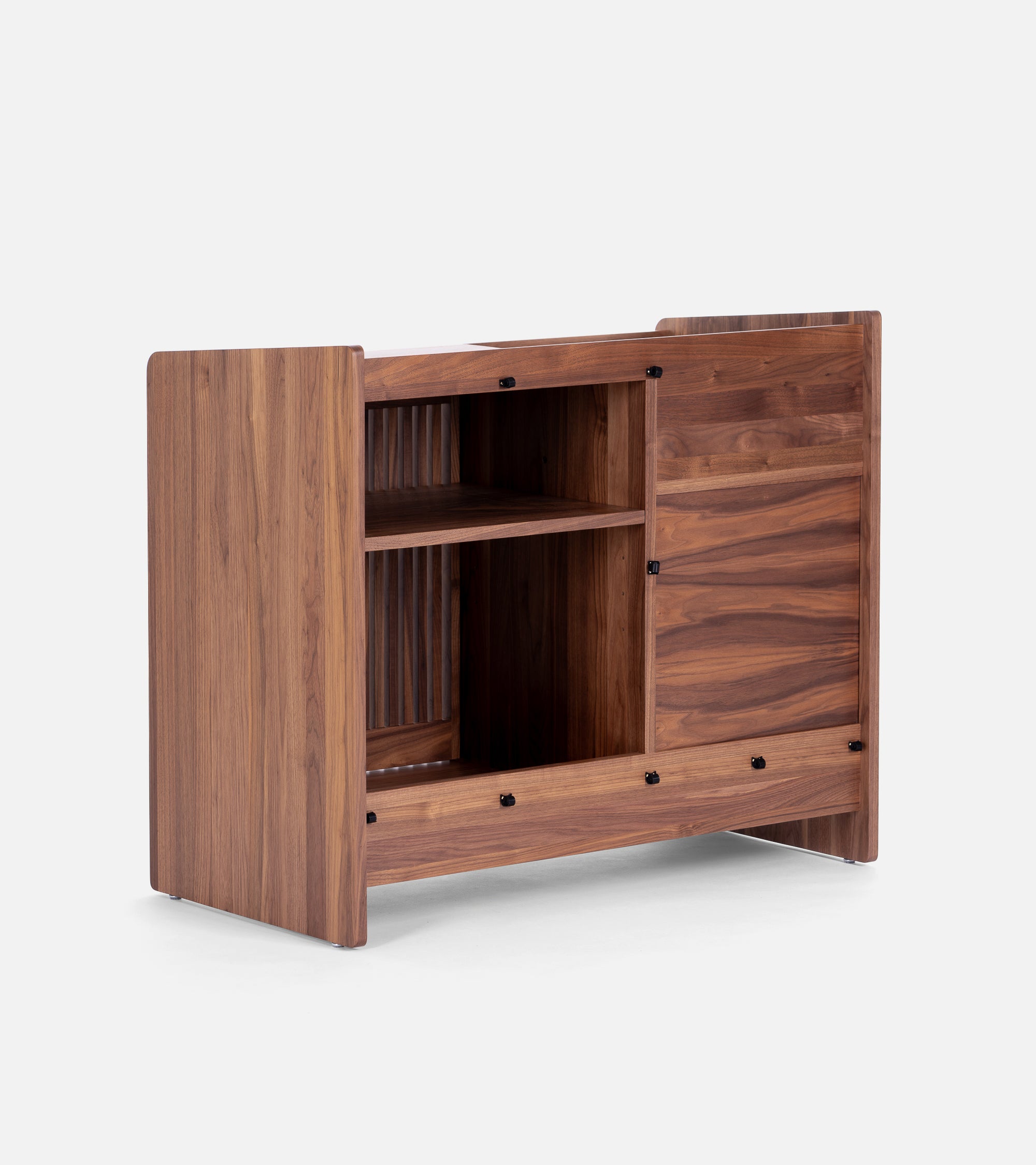 Wooden cabinet with one open shelf and one closed compartment.
