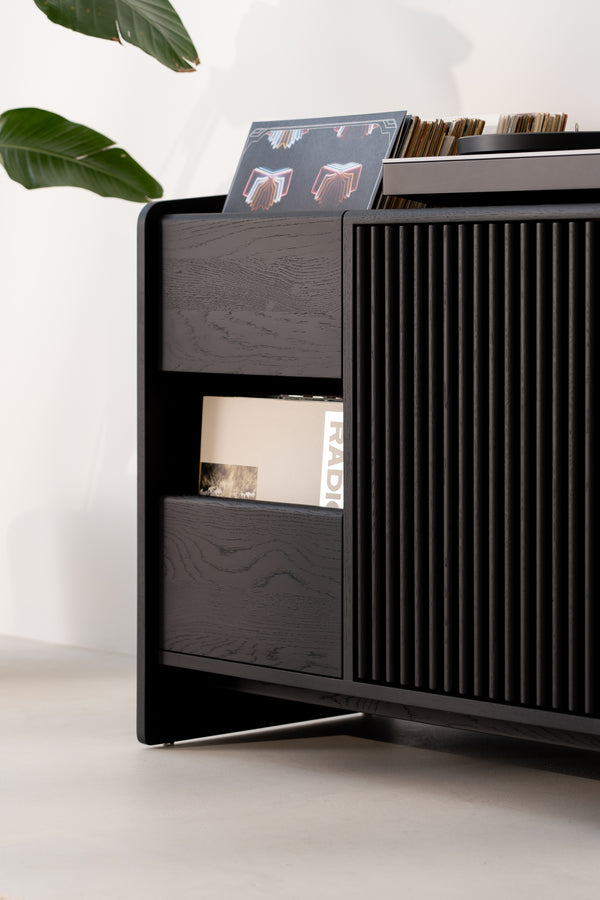 Black sideboard with vinyl records and indoor plant.