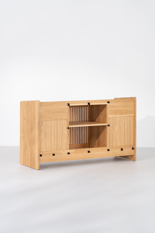 Rear view of the empty FUSE X in solid oak, showing an open center section, shelf and black cable fasteners