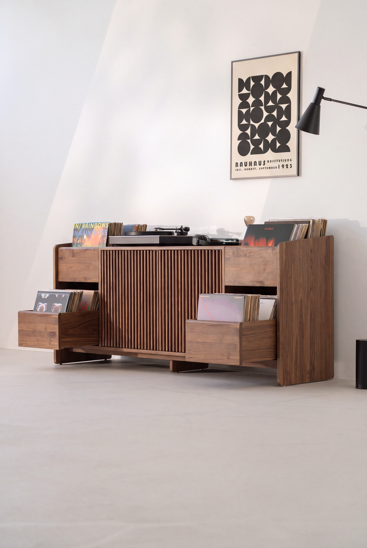 FUSE XX console in solid walnut, angled view with both side drawers pulled out and filled with records