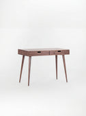 Empty HEIM 105 small wooden desk in solid walnut, angled view with two wooden drawer fronts