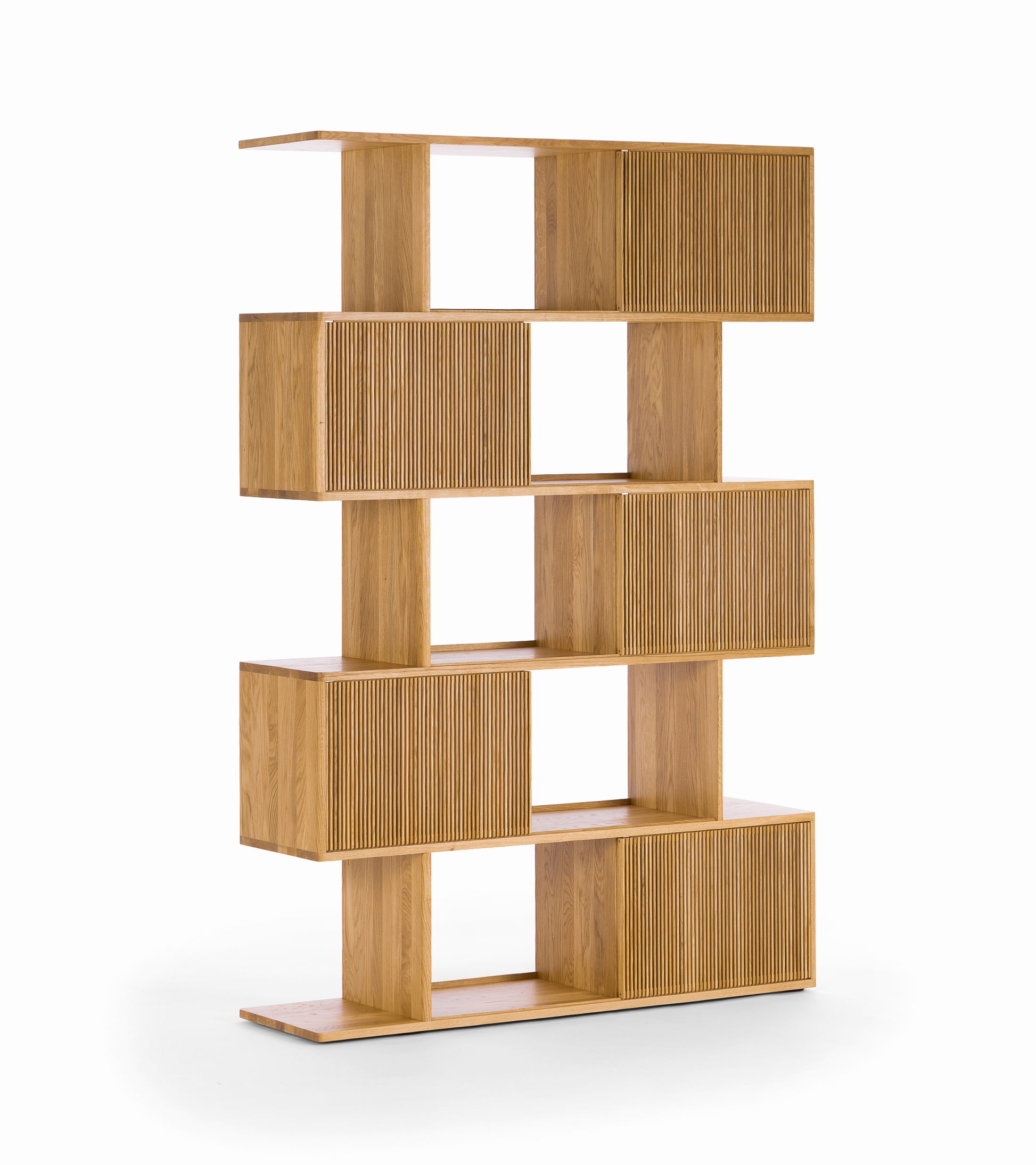 Wooden bookshelf with a modern, staggered design and slatted panel accents, set against a white background.