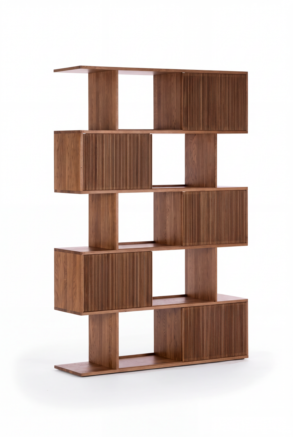 Empty MOLL DUO bookcase in solid walnut at an angle on a white background, with staggered shelves and five slatted fronts