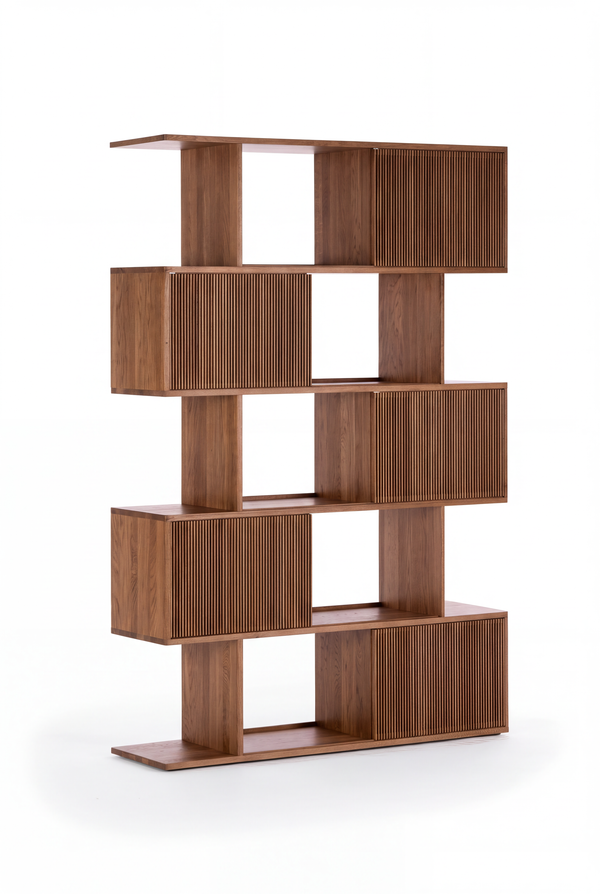 Empty MOLL DUO bookcase in solid walnut at an angle on a white background, with staggered shelves and five slatted fronts