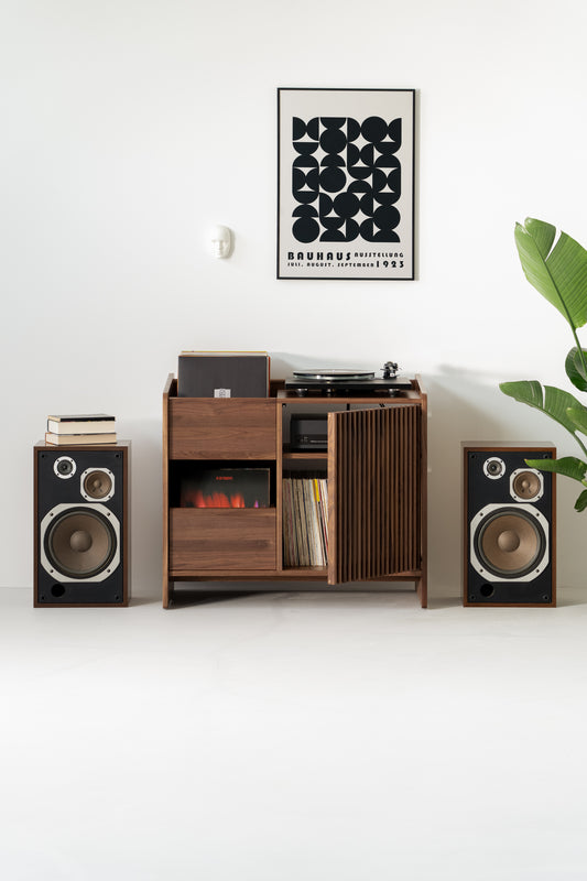 A wooden cabinet with a turntable, speakers, and vinyl records, a Bauhaus poster on the wall, and a potted plant beside it.