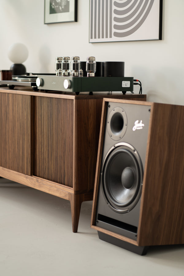 Vintage audio setup with a tube amplifier, speaker, and wooden cabinet under modern artwork.