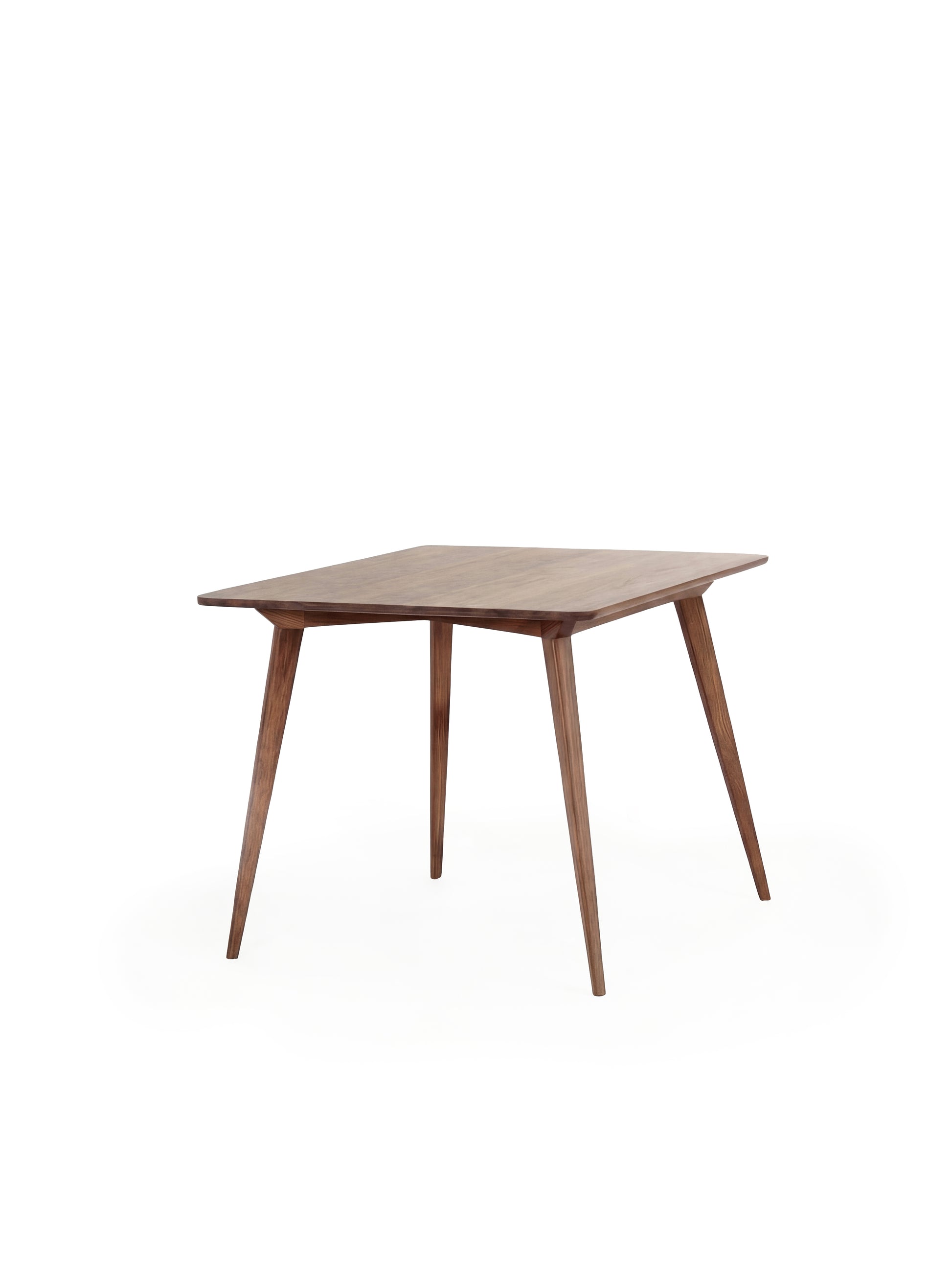 Wooden square table with tapered legs on a white background.