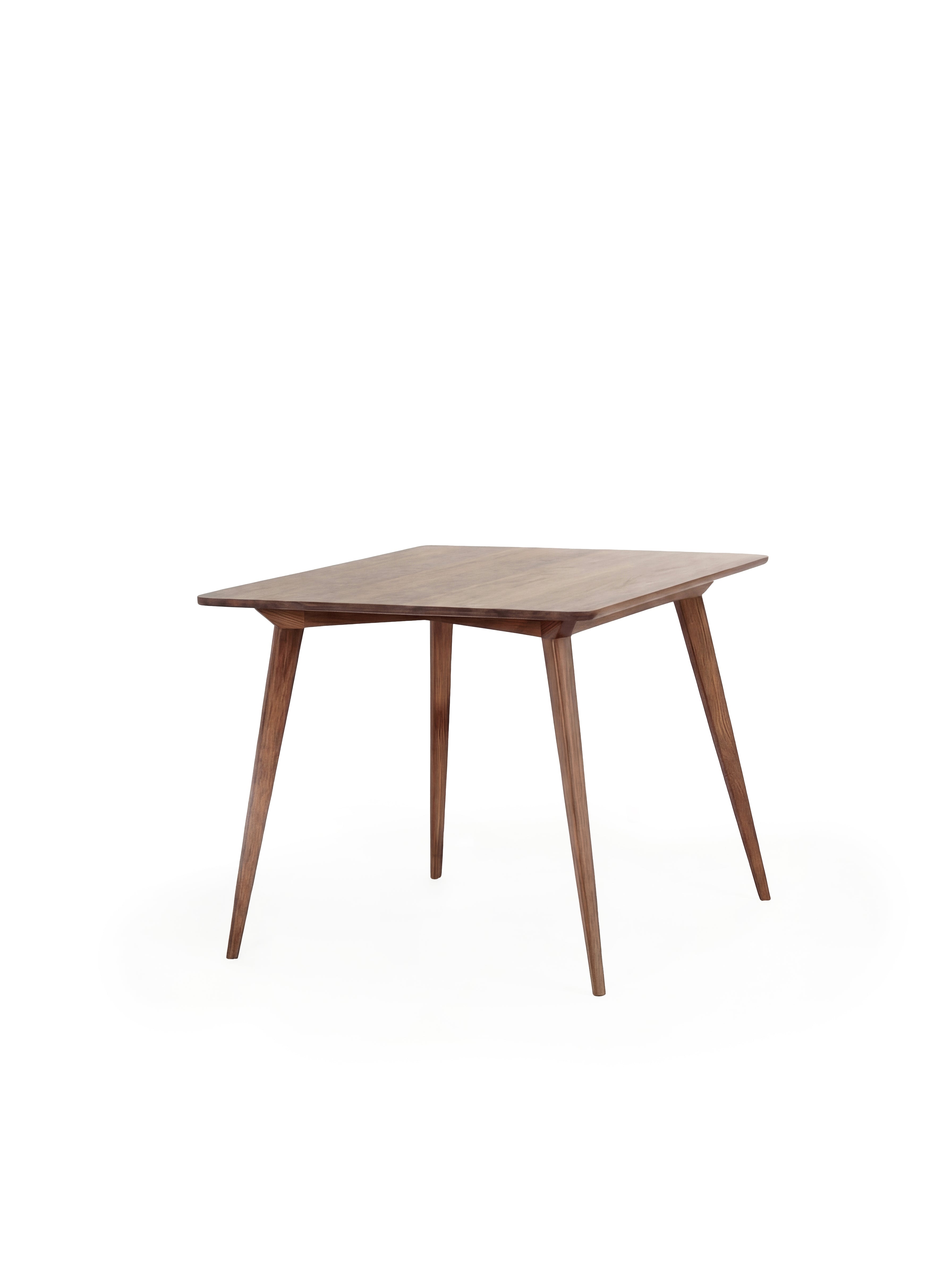 Wooden square table with tapered legs on a white background.