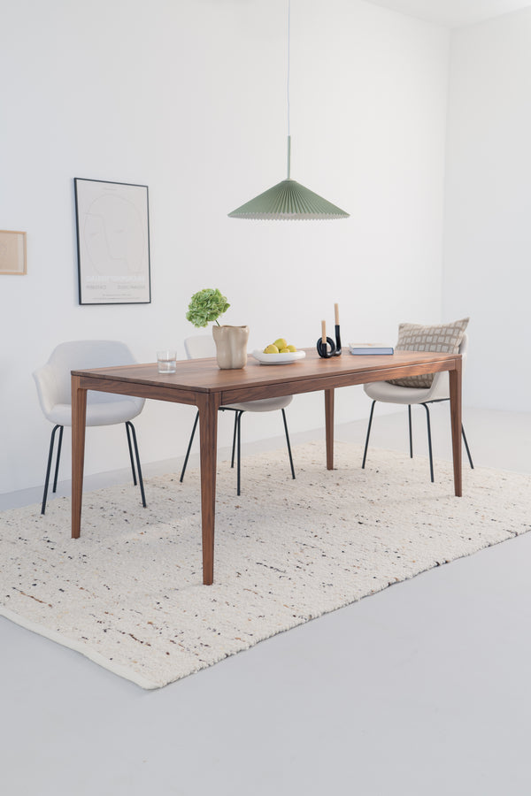 Minimalist dining area with wooden table, chairs, green pendant light, and a white rug.