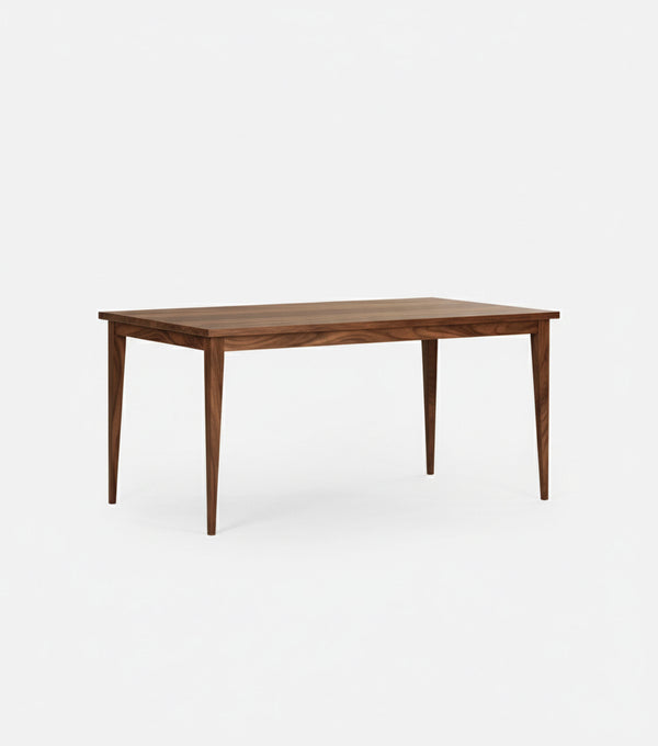 Simple brown wooden table with four legs on a white background.