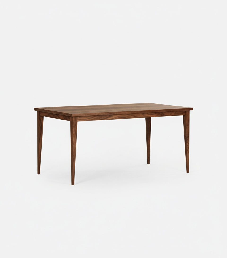 Simple brown wooden table with four legs on a white background.