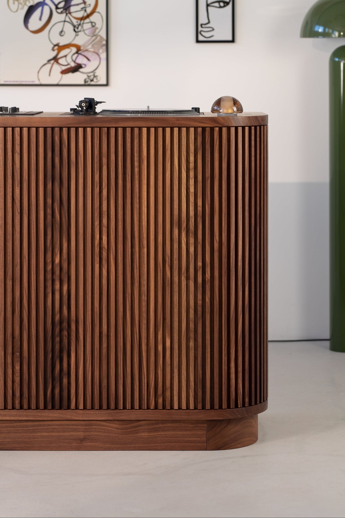 Walnut DJ Booth, solid wood DJ table console with vinyl storage | LOOP