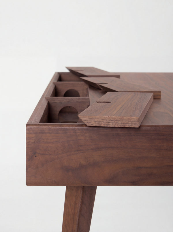HEIM 140 desk in walnut wood, back corner close-up with all three cable flaps raised and round holes in the compartments